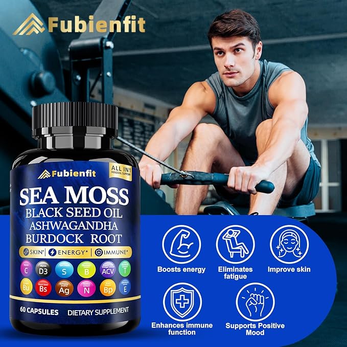 Organic Irish Sea Moss Capsules withs Black Seed Oil，Ashwagandha，Bladderwrack, Burdock, Ginger, Vitamin C & D3 – All-in-One Immune Support, Energy, Skin & Gut Health – Vegan, Non-GMO