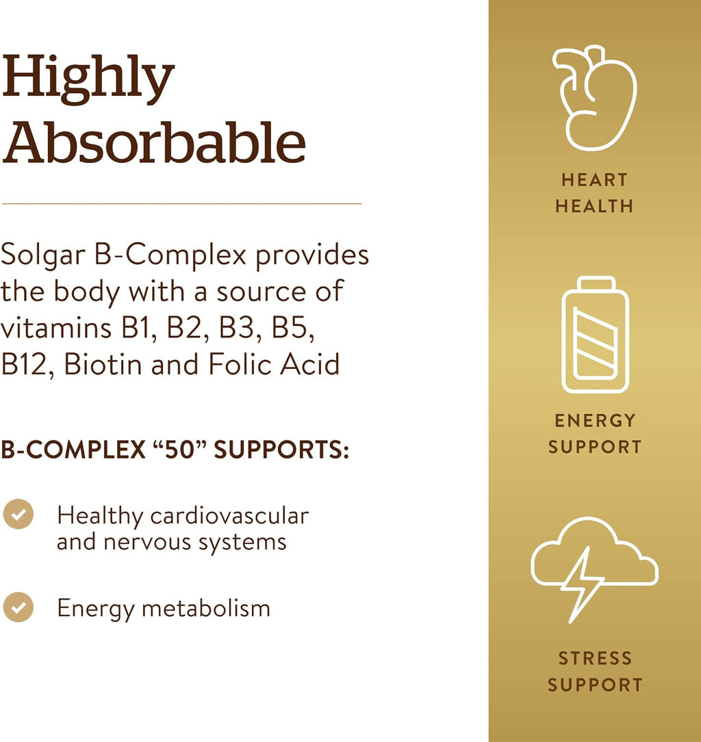 Solgar B-Complex “50”, 250 Vegetable Capsules - Energy Metabolism, Cardiovascular Support, Nervous System Support - Non-GMO, Vegan, Gluten Free, Dairy Free, Kosher - 250 Servings