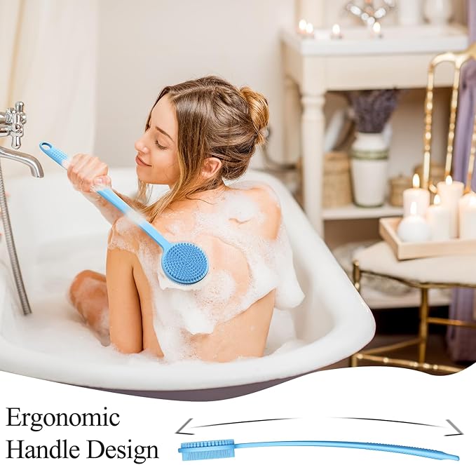 Silicone Back Scrubber for Shower, 17in Lengthen Long Handle Body Brush, Double Sided Shower Brush for Shower Exfoliating and Massage Can Produce Rich Foam, Long Handle Back Scrubber for Men