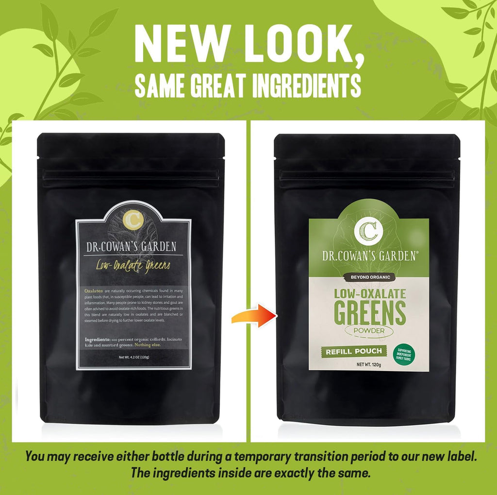 Dr. Cowan's Garden Low-Oxalate Greens Veggie Powder Refill Pouch - Beyond Organic Superfood Greens Vegetable Powder for Drinks and Food - Lacinato Kale, Mustard Leaves, and Collard Greens