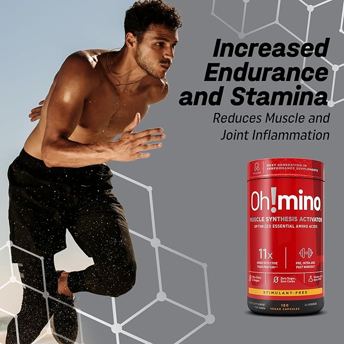 Oh!mino Essential Amino Acids Supplement, Stimulant-Free Capsules, All 9 EAAs, BCAAs, The Perfect Amino for Workouts, Amino Energy, and to Build Muscle, and Recover Faster