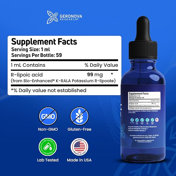 Geronova Research The R-Lipoic Solution, 2 fl oz – Potassium-Stabilized R-Lipoic Acid Liquid for Healthy Aging, Supports Nerve Health, and Cellular Balance – Fast-Absorbing 3-Ingredient RLA Drops