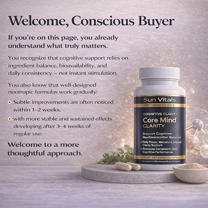 Core Mind Cognitive Clarity – Balanced Focus & Memory Support with DMAE, GABA, DHA & Bacopa | Non-Stimulant Nootropic & Antioxidant Formula | 60 Capsules