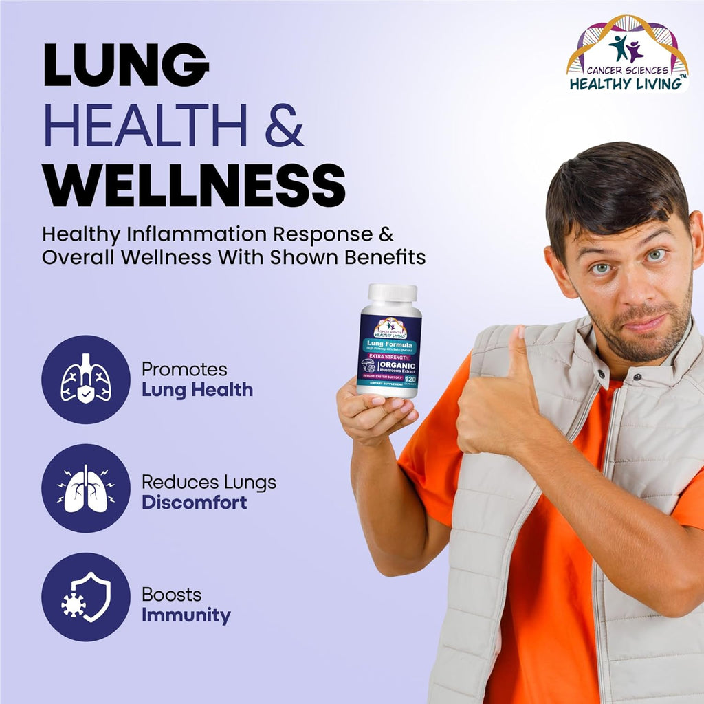 CANCER SCIENCES Lung Health & Wellness Supplement, USDA Certified Organic Mushrooms Extract, 1,500 mg Extra Strength, High Potency 40% Beta-Glucans, Immune Support, Healthy Lungs Booster, 120 Capsules