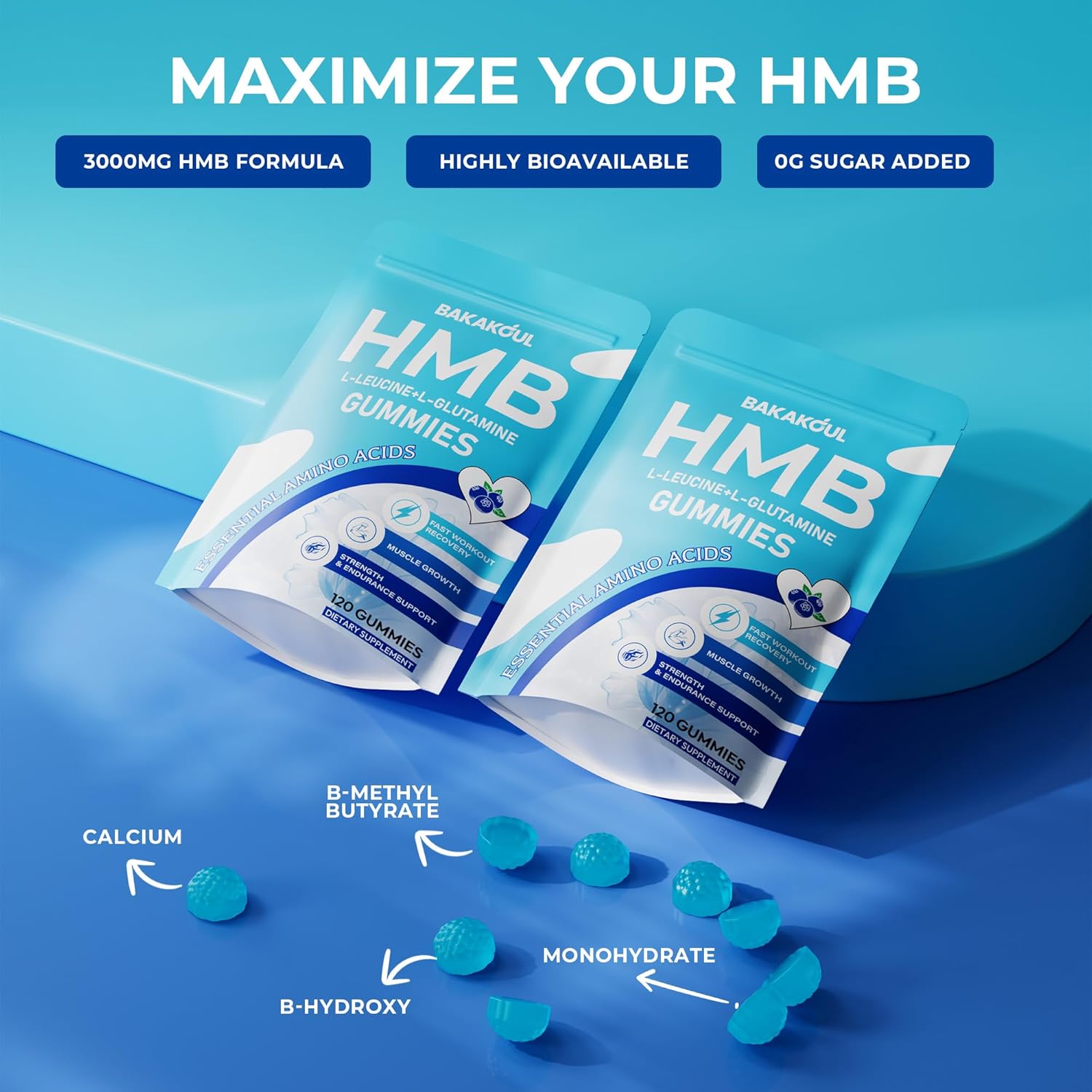 HMB and L-Leucine Gummies, HMB and Leucine Supplement Supports Muscle Fast Workout Support, HMB and Leucine Amino Acid for Men & Women, Sugar Free, Non-GMO, 120 Counts