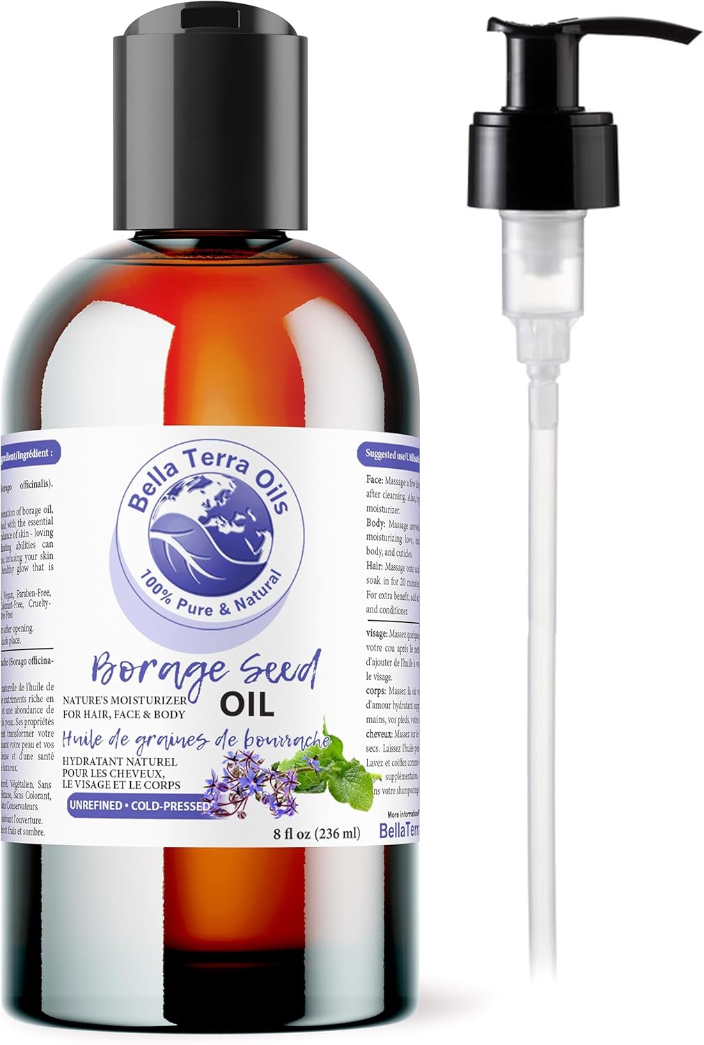 Bella Terra Oils - Organic Borage Seed Oil 8 oz - Cold-Pressed from Organic Borage Seeds, Overflowing with Vitamin E & Omega Fatty Acids, an Elixir of Youth & Beauty