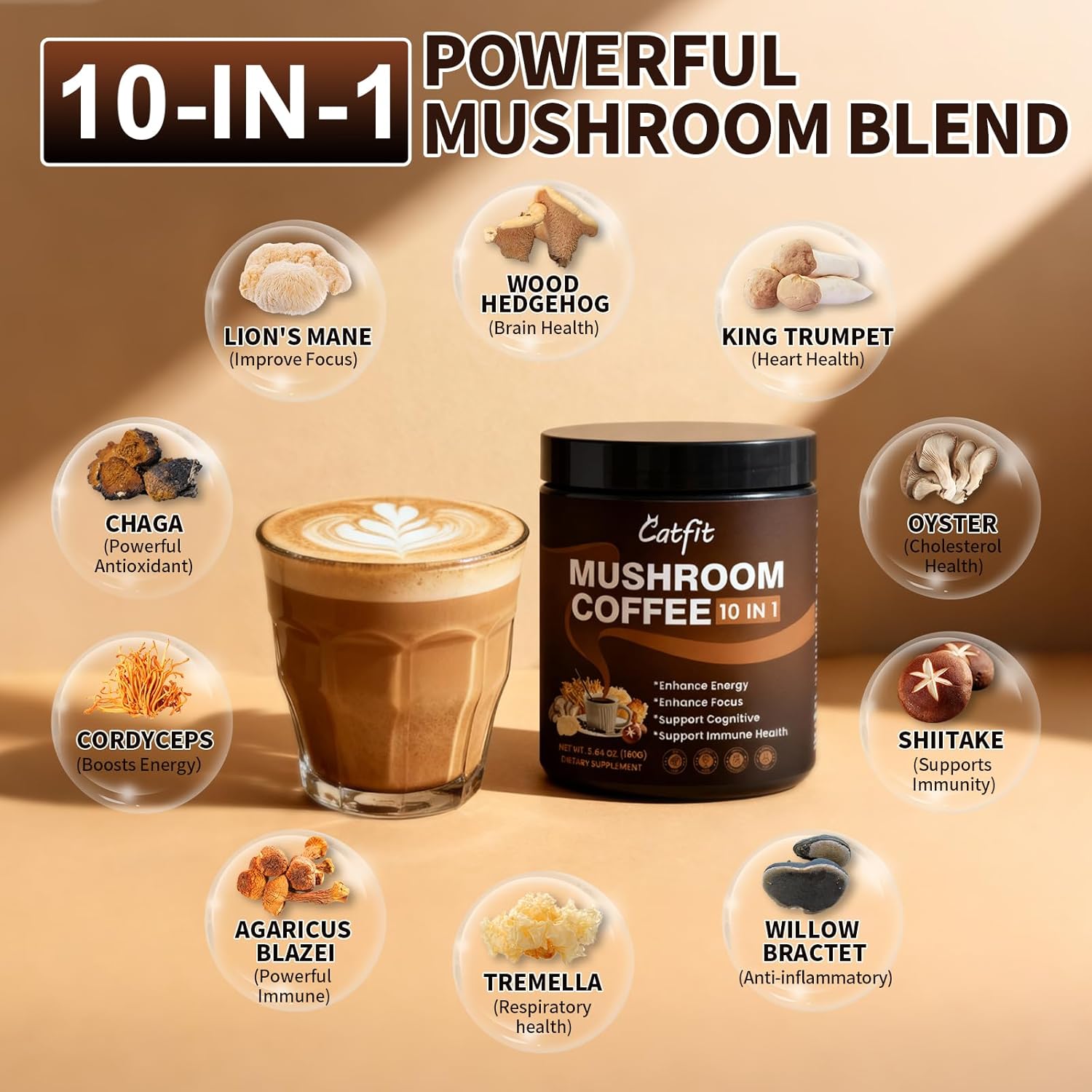 2 Pack Mushroom Coffee Powder, 10 Adaptogenic Mushrooms And MCT Oil, Hydrolyzed Collagen, Instant Coffee with Lion's Mane, Chaga, L-Theanine for Energy, Focus, Digestion and Immunity, 320G