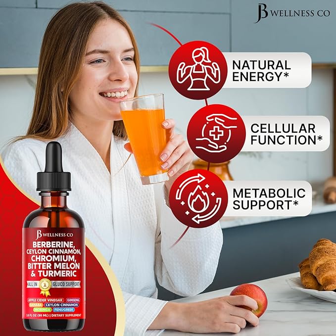 Berberine with Ceylon Cinnamon Supplement Liquid Drops + Bitter Melon Extract, Glucomannan, Gymnema, Chromium, Turmeric, Panax Ginseng, Moringa- 4 OZ