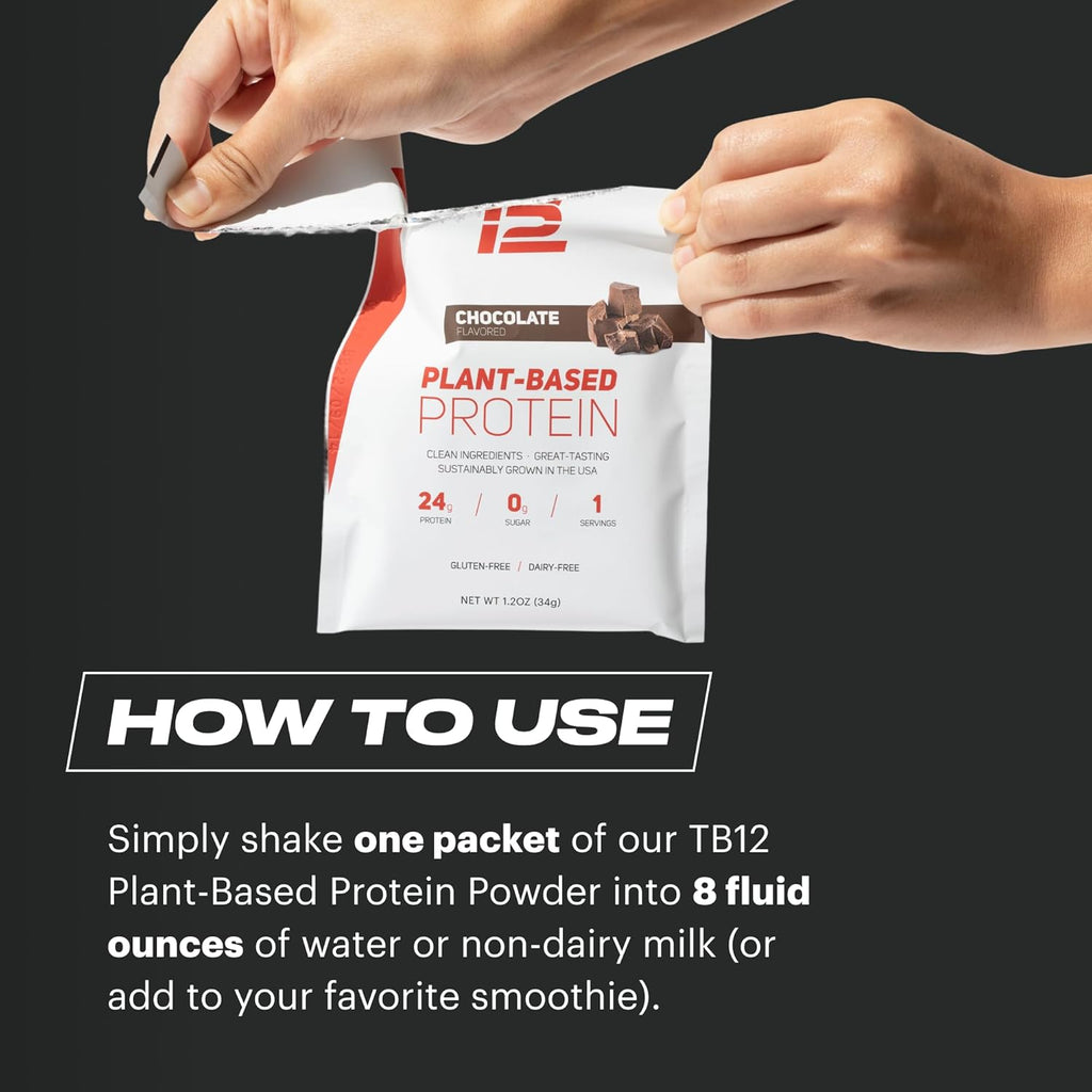 TB12 Plant Based Protein Powder by Tom Brady, 24g of Vegan Pea Protein, Low Sugar, Low Carb, Non-GMO, Meal Replacement, Keto Friendly, Paleo, Sugar Free, Chocolate Flavor (1.12 Ounce / 12 Pack)