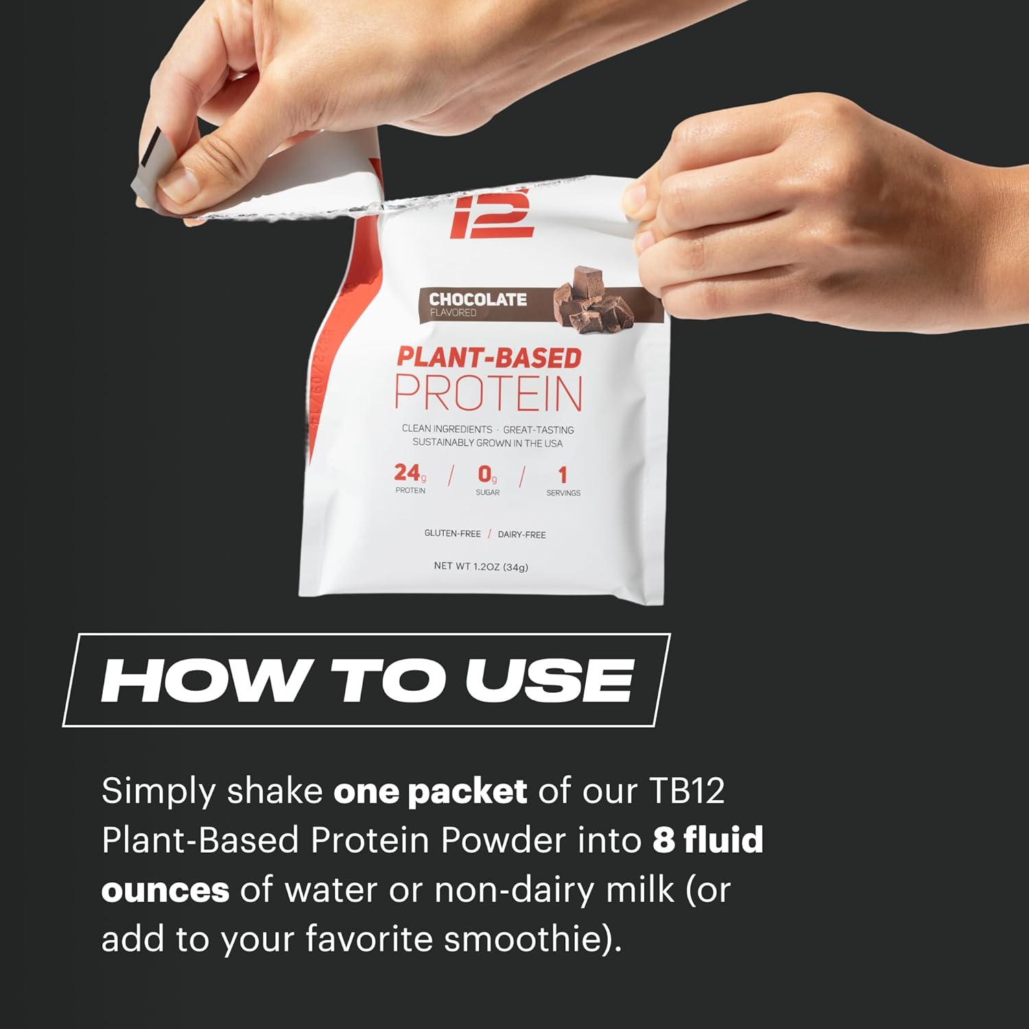 TB12 Plant Based Protein Powder by Tom Brady, 24g of Vegan Pea Protein, Low Sugar, Low Carb, Non-GMO, Meal Replacement, Keto Friendly, Paleo, Sugar Free, Chocolate Flavor (1.12 Ounce / 12 Pack)