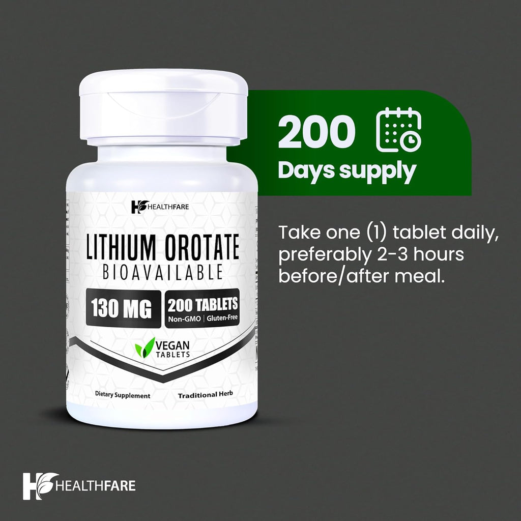 Lithium Orotate 130mg | 200 Veg Tablets | High Bioavailability | Gluten-Free | Non-GMO