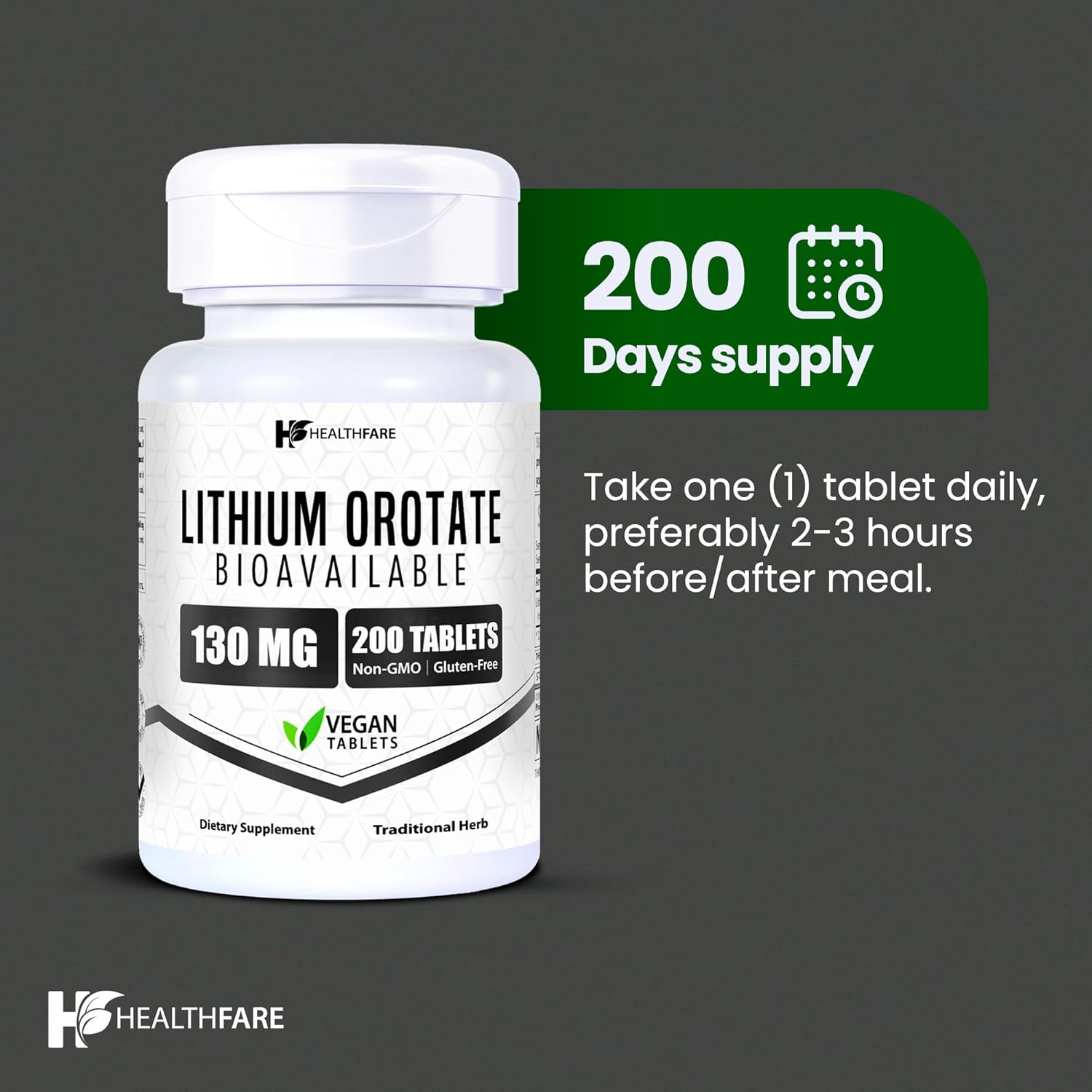 Lithium Orotate 130mg | 200 Veg Tablets | High Bioavailability | Gluten-Free | Non-GMO
