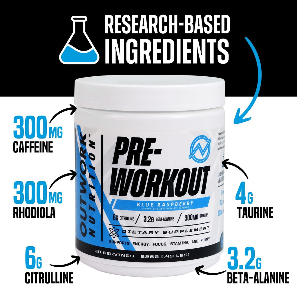 Outwork Nutrition Pre Workout Powder for Men & Women - Pre-Workout Supplements Without Creatine, Nootropic Preworkout with Citrulline Malate Beta Alanine Taurine Rhodiola Caffeine (Blue Raspberry)