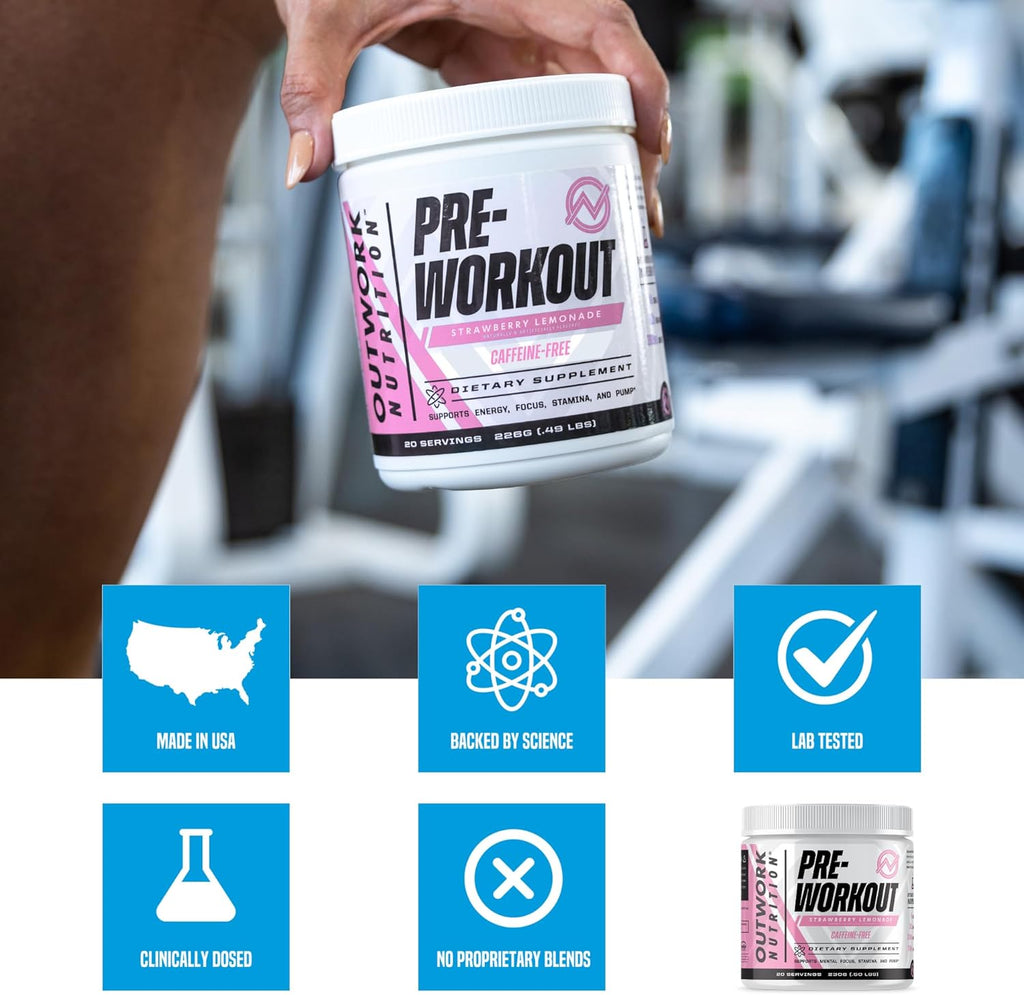 Outwork Nutrition Non-Stim Pre Workout Powder - Citrulline Malate, Beta-Alanine, Rhodiola Extract for Performance, Focus & Energy Boost - Preworkout for Men, Women (Caffeine Free, Strawberry Lemonade)