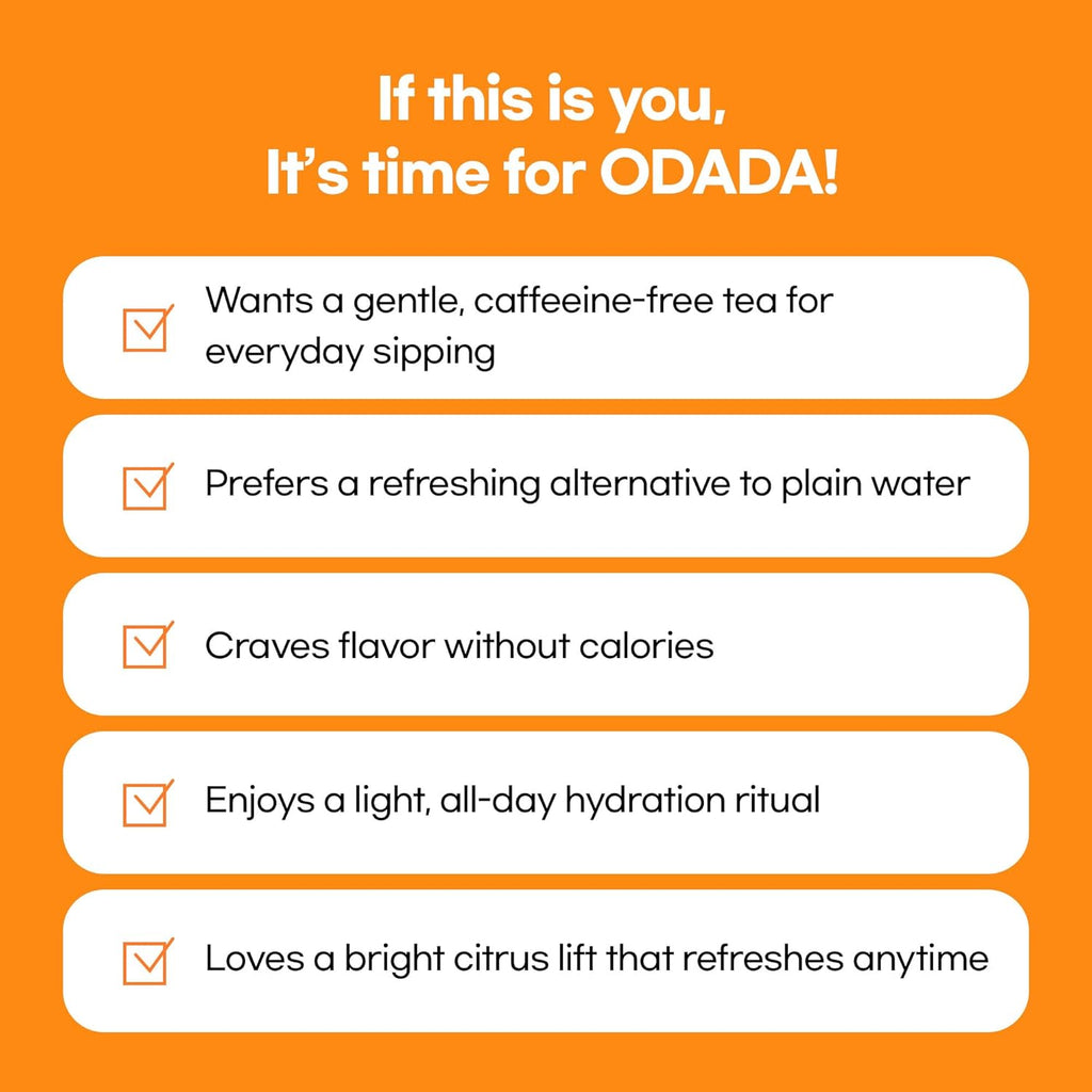 Odada Sweet Orange Tea - Rooibos, Orange Peel & Schisandra Berry Blend, Bright Citrus Hydration & Natural Antioxidant K-Wellness Drink, Caffeine-Free, Zero Sugar, 24 Tea Bags