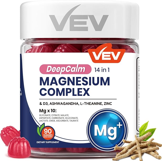 VEV Magnesium Complex DeepCalm 14-in-1 Gummies – with Ashwagandha, L-Theanine, Vitamin D3 & Zinc – Magnesium Complex for Women and Men – No Added Sugar Vegan Magnesium Glycinate – 90 Gummies