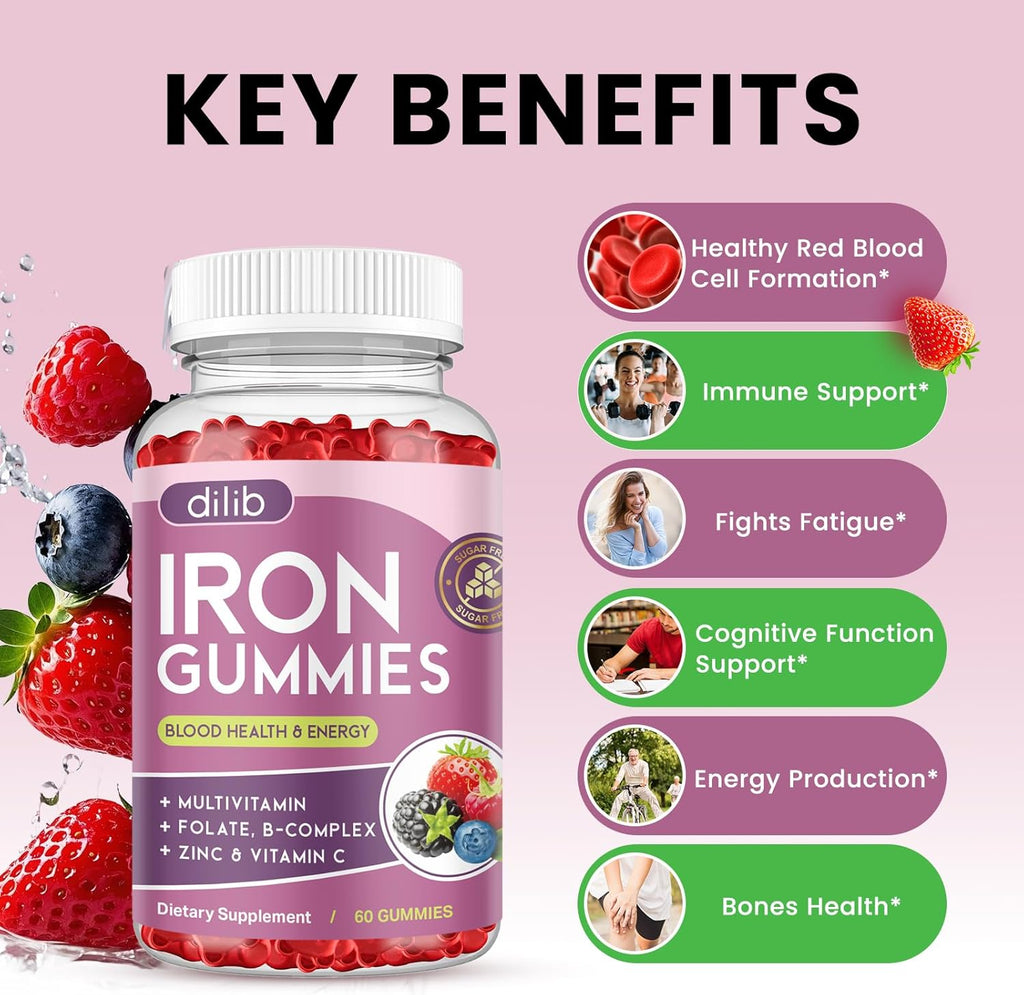 Iron Gummies with Multivitamin, Iron Supplement for Women & Men with Zinc, Vitamin B Complex & C, B12, Folate - Blood Builder & Energy Support for Adults & Kids - Mixed Berry Flavor, Vegan 60 Gummies