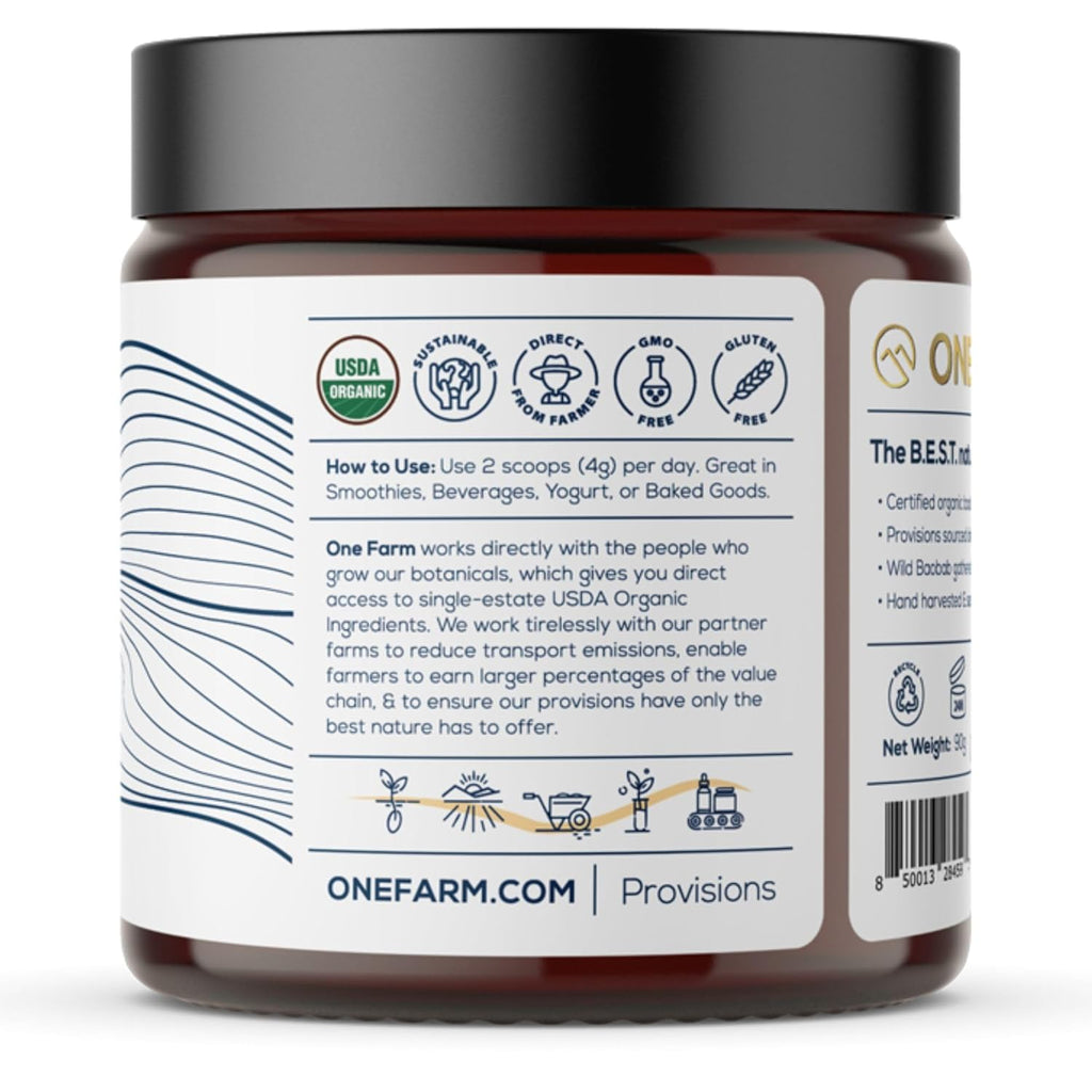 One Farm by WAAYB Organic Baobab Powder Non-GMO, Fair-Trade, Vegan, Gluten Free, Single Origin, 100% South African Baobab, Premium Quality in Resealable Jar