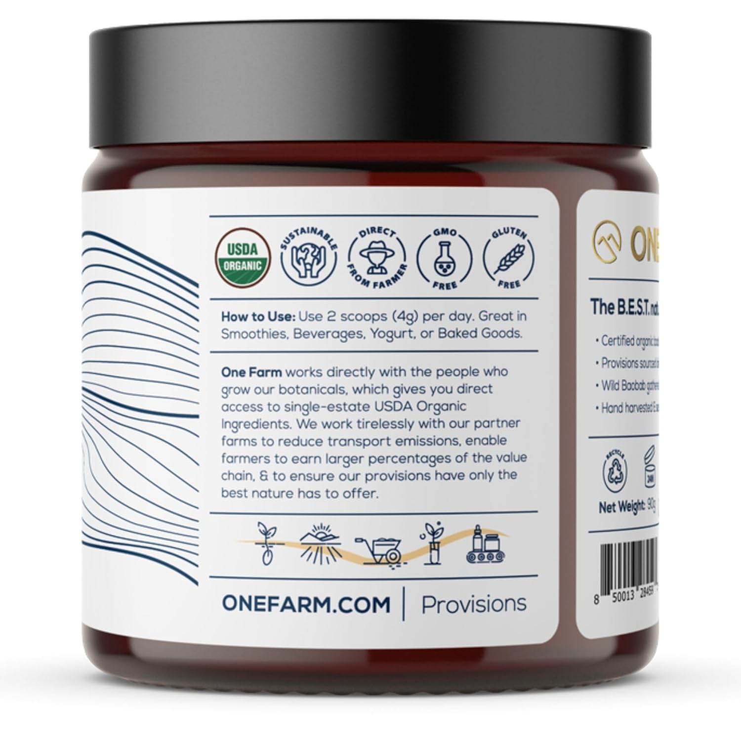One Farm by WAAYB Organic Baobab Powder Non-GMO, Fair-Trade, Vegan, Gluten Free, Single Origin, 100% South African Baobab, Premium Quality in Resealable Jar