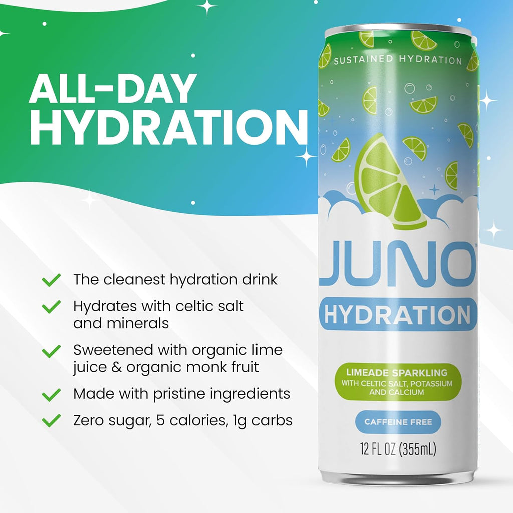 JUNO HYDRATION Drink Limeade Sparkling - Sugar Free Electrolytes, Organic Monk Fruit & Organic Lime Juice, Hydrating with Celtic Salt, Potassium, Calcium - Premium Beverage, 12 Pack