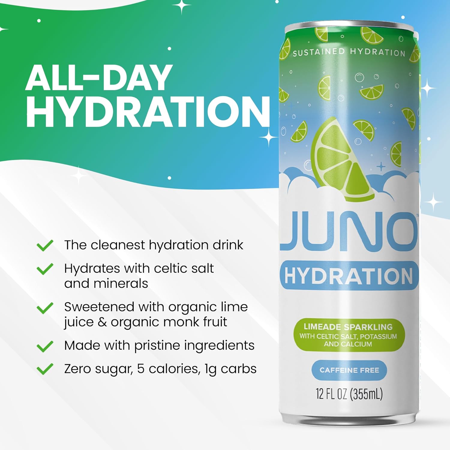 JUNO HYDRATION Drink Limeade Sparkling - Sugar Free Electrolytes, Organic Monk Fruit & Organic Lime Juice, Hydrating with Celtic Salt, Potassium, Calcium - Premium Beverage, 12 Pack