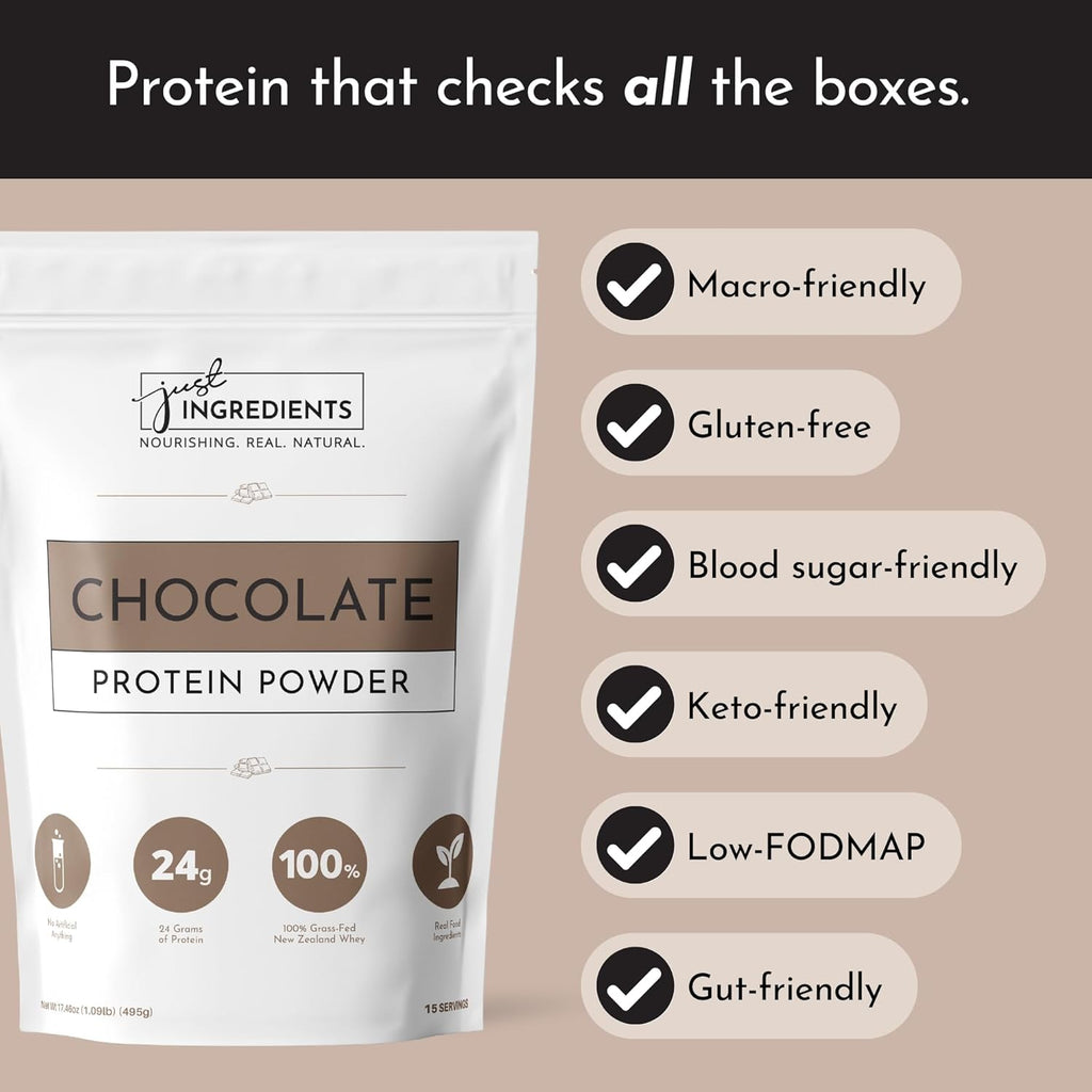 JUST INGREDIENTS Protein Powder | 15 Servings | 24g Protein | Chocolate Flavor Made with 100% Grass-Fed, Non-Denatured Whey | Five Different Sources from Organic Whole Food Ingredients