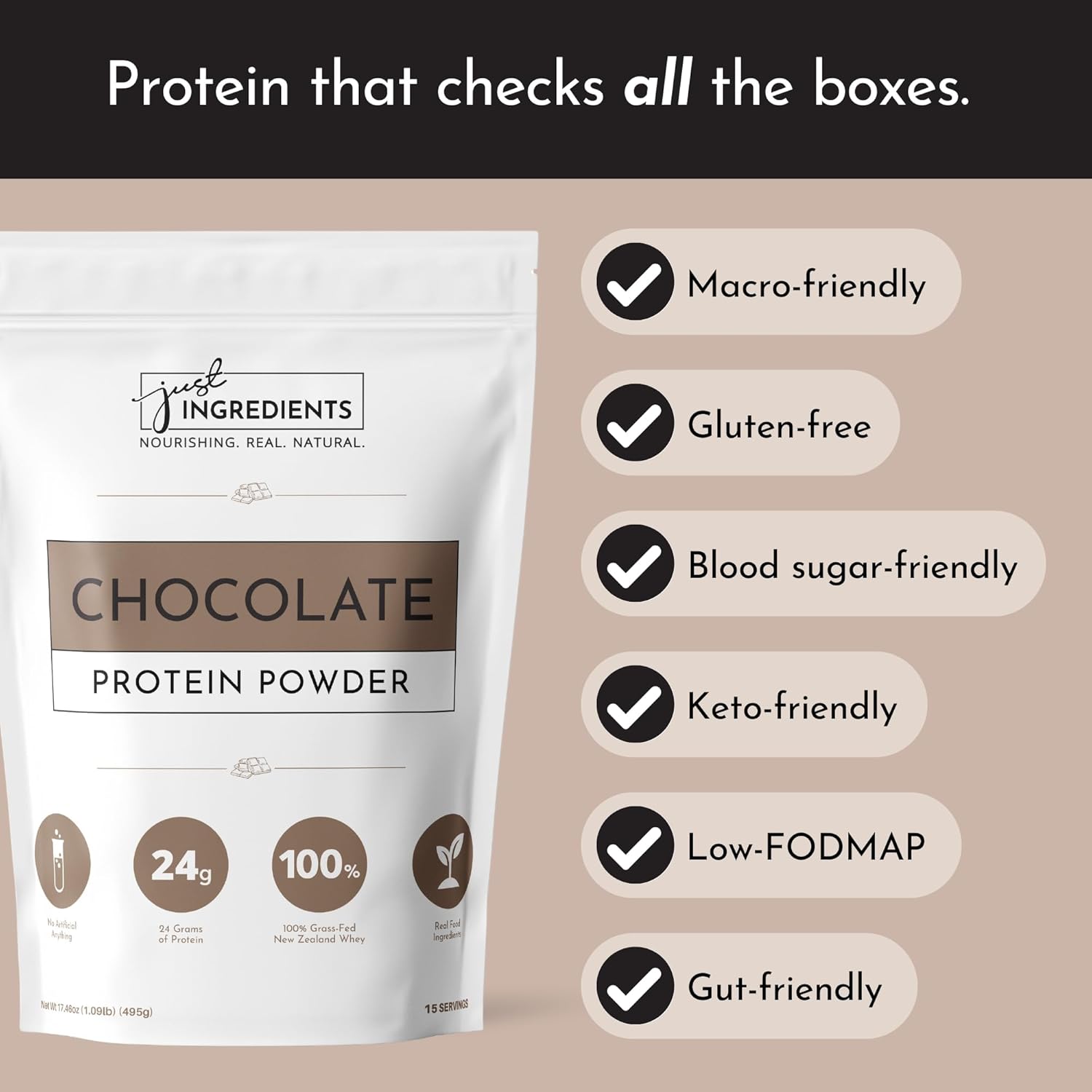 JUST INGREDIENTS Protein Powder | 15 Servings | 24g Protein | Chocolate Flavor Made with 100% Grass-Fed, Non-Denatured Whey | Five Different Sources from Organic Whole Food Ingredients