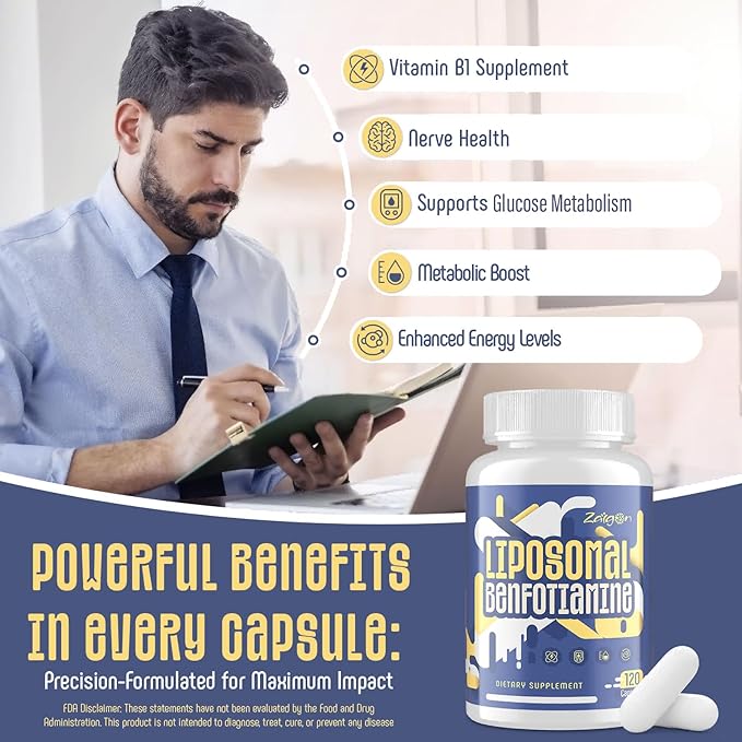 Zaigon Benfotiamine Thiamine Vitamin B1 Supplement, 600mg Liposomal Fat Soluble VIT B1 with Alpha-Lipoic Acid for Men & Women, Energy Boost, Glucose Metabolism & Nerve Support (120 Vegan Capsules)
