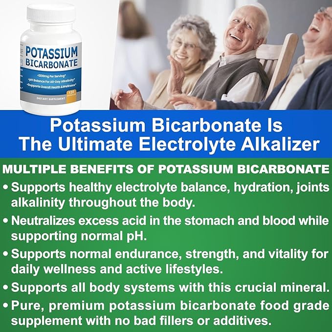Pure Potassium Bicarbonate Supplement Capsules pH Balance Pills, High Potassium Electrolytes 1200mg Serv. USA Made Potassium Bicarbonate Food Grade, Acid-Alkaline Balance Immunity Endurance 2-Pack