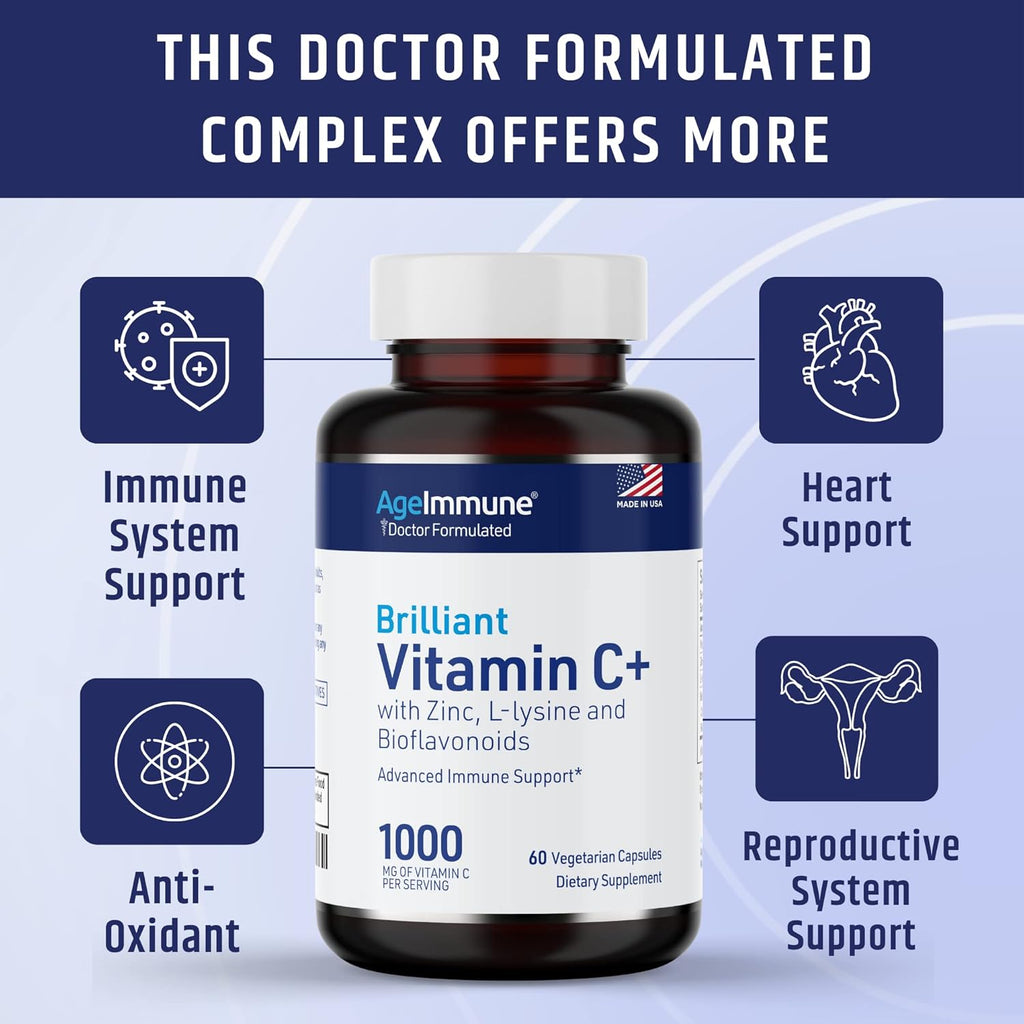 Vitamin C 1000mg Complex with L-Lysine 500mg, Zinc Gluconate 12mg, Bioflavonoids 300mg. Doctor Formulated Magnesium Stearate Free Supplements for Healthy Immune System Support. Two Bottles.(2)