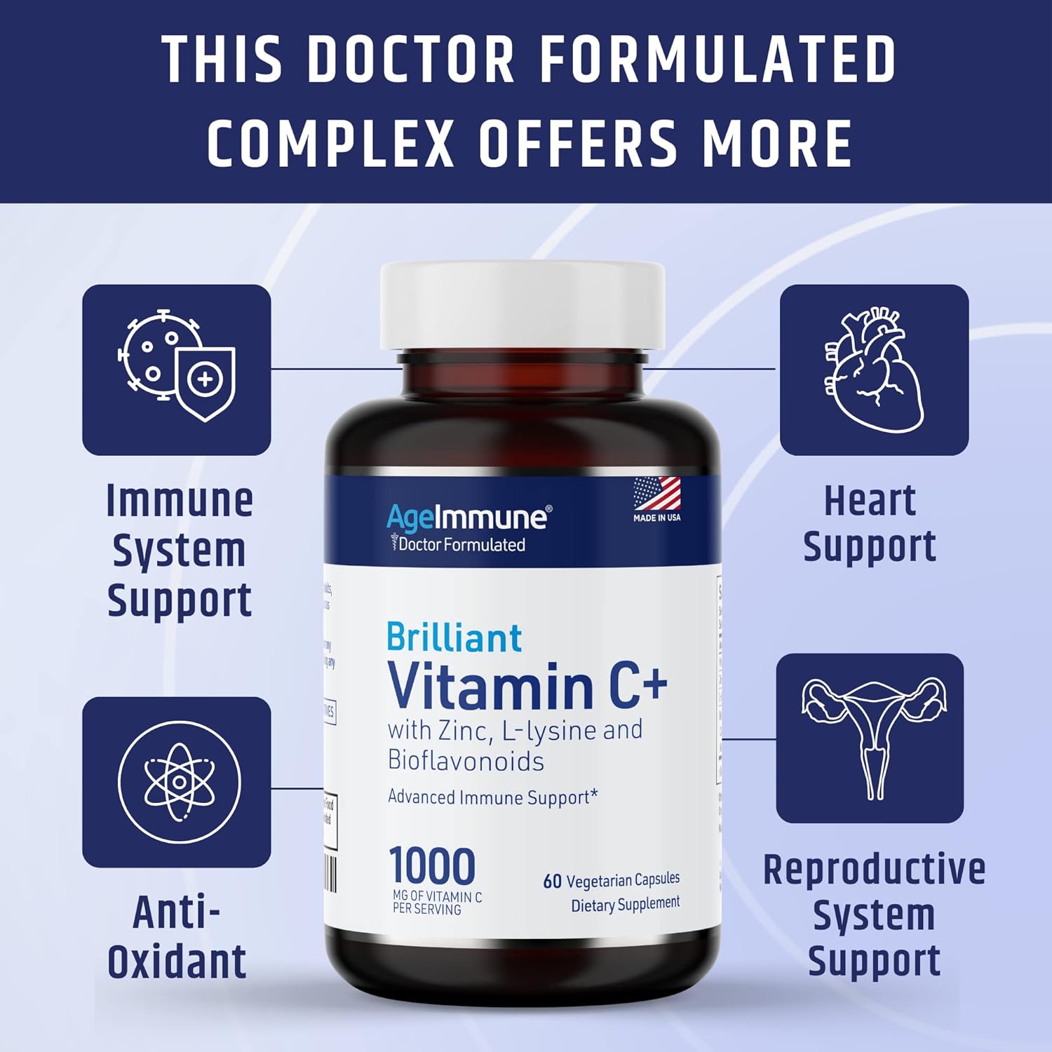 Vitamin C 1000mg Complex with L-Lysine 500mg, Zinc Gluconate 12mg, Bioflavonoids 300mg. Doctor Formulated Magnesium Stearate Free Supplements for Healthy Immune System Support. Two Bottles.(2)