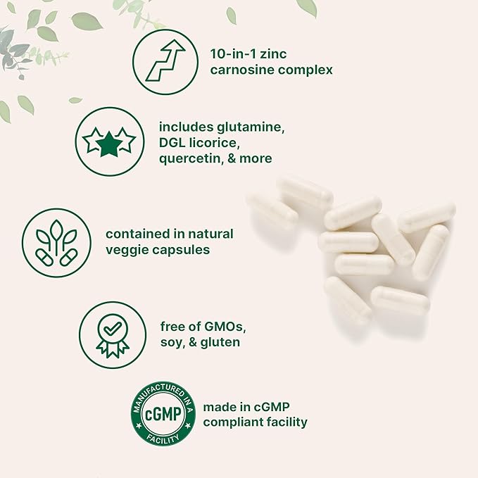 Zinc Carnosine 75mg, 240 Veggie Capsules | 10-in-1 Zinc Supplements for Men & Women with Glutamine, DGL Licorice, Quercetin, Slippery Elm Bark, & Ginger Root | Non-GMO, Gluten Free