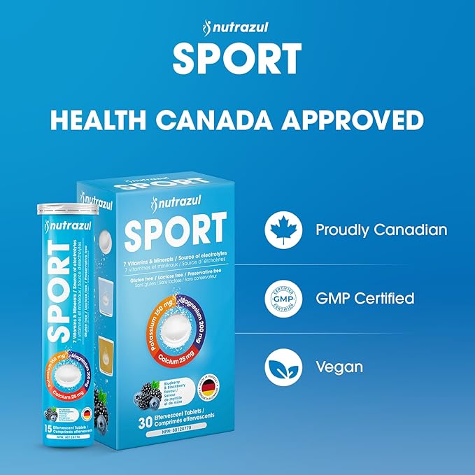 nutrazul Sports Effervescent Tablets, Electrolytes & 7 Vitamins & Minerals, Daily Hydration and Energy, Caffeine-Free, Blueberry & BlackBerry Flavor, 30 Count