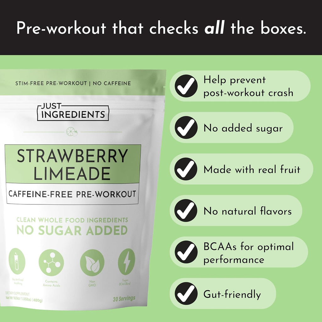 JUST INGREDIENTS Pre-Workout Strawberry Lemonade (Caffeine-Free) - BCAAs, Beta Alanine, Citrulline Malate, Ginseng, Maca Root - 30 Servings