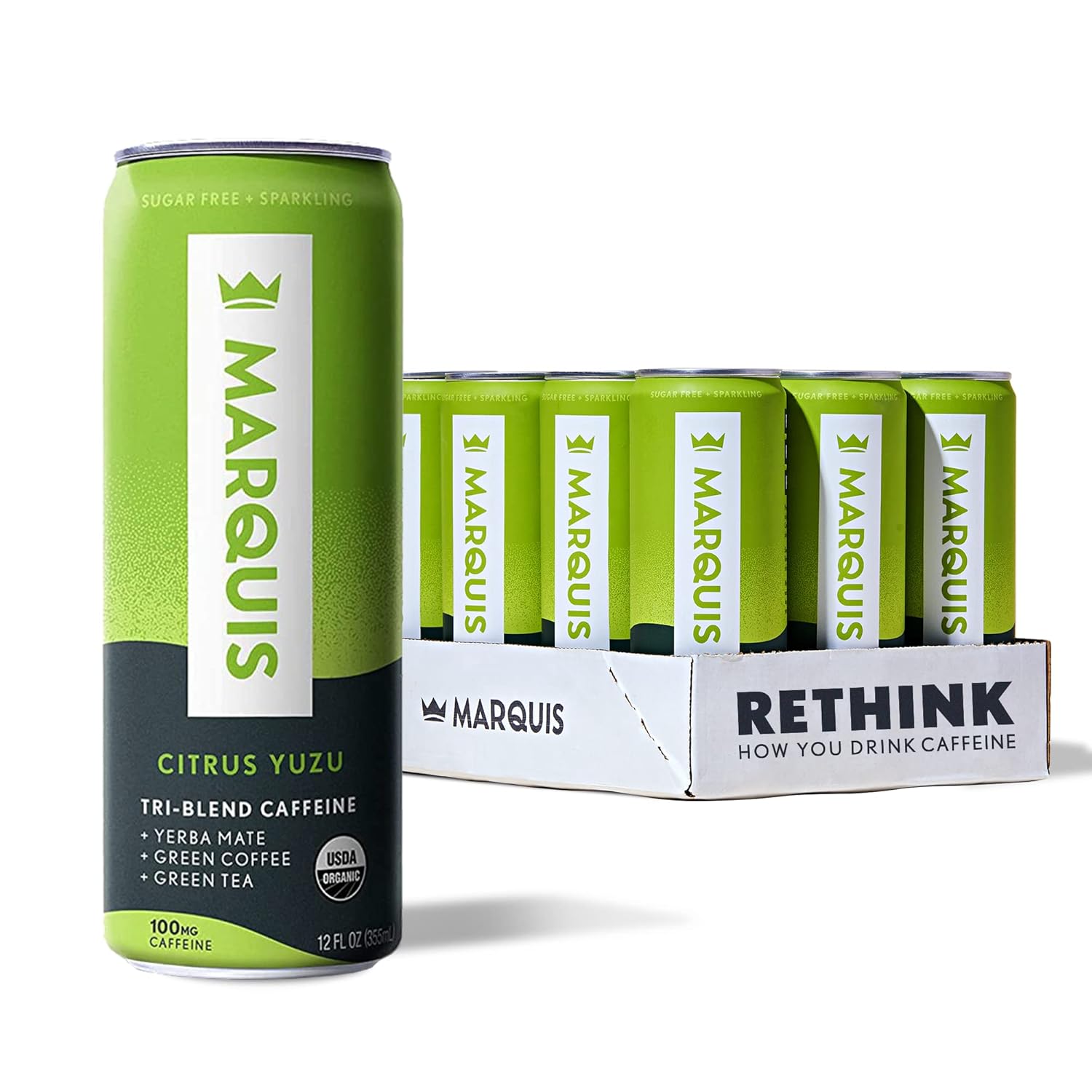 Marquis - Natural Energy Drink - Citrus Yuzu - Sugar Free - 0 Calories - 100mg of Organic Plant Based Caffeine - Yerba Mate - Green Tea - Vitamin C & B Vitamins - Vegan - 12 oz Cans - 12 Pack