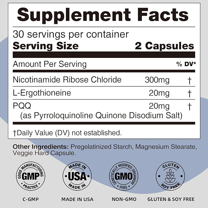 NR Nicotinamide Riboside Supplement 300mg, Supports NAD+ Boosting, 60 Capsules, with L-Ergothioneine and PQQ for Cell Health & Healthy Aging
