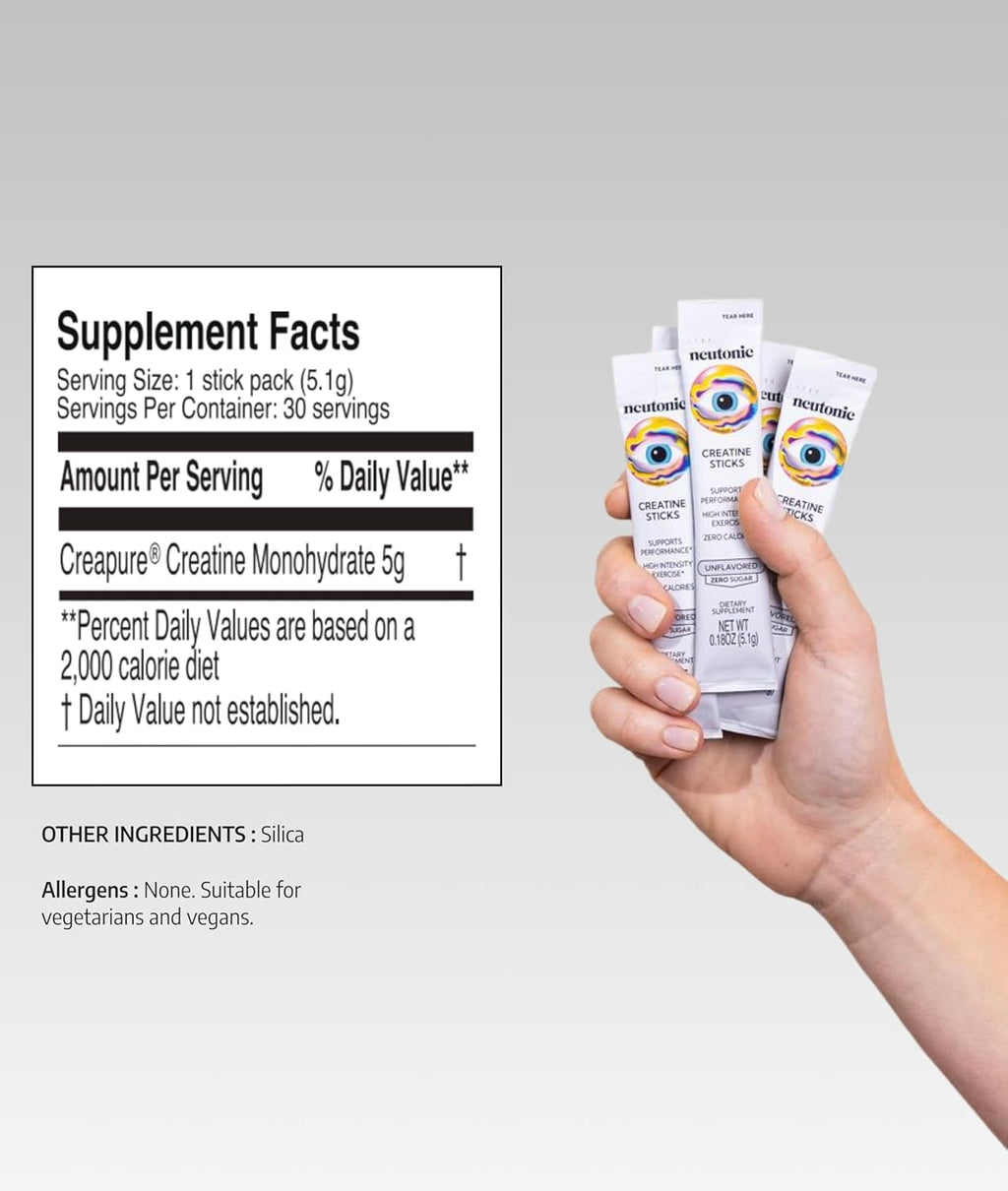 neutonic Creatine Monohydrate | Unflavored | Premium Micronized Creapure Creatine Powder | Supports Strength and Power | Zero Calories, Zero Sugar, Vegan | Convenient Single-Serve Packets | 30 Sticks