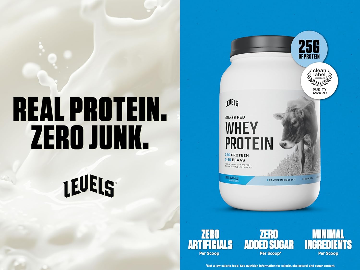Levels Grass Fed Whey Protein Powder, No Artificials, 25G of Protein, Unflavored, 2LB