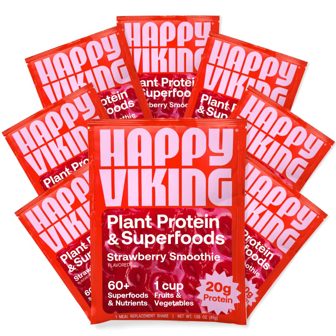Happy Viking Strawberry Smoothie Plant Protein Powder, Created by Venus Williams, 20G Protein, Low Carb, Keto, Vegan, Gluten-Free, Non-GMO, Superfoods, Complete Meal Replacement, 8 Single Serve Packs