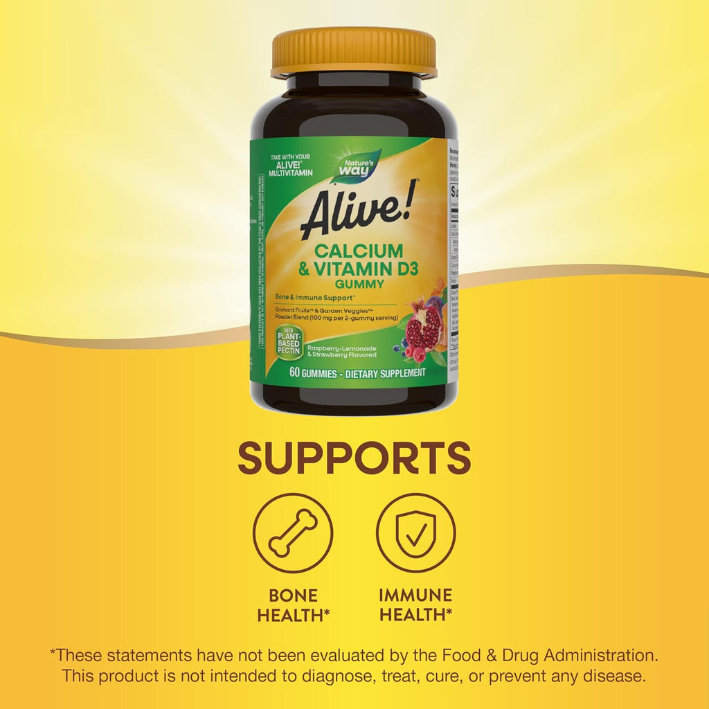 Nature's Way Alive! Daily Calcium & Vitamin D3 Gummies, Bone Support*, Immune Support*, Strawberry and Raspberry Lemonade Flavored, 60 Gummies