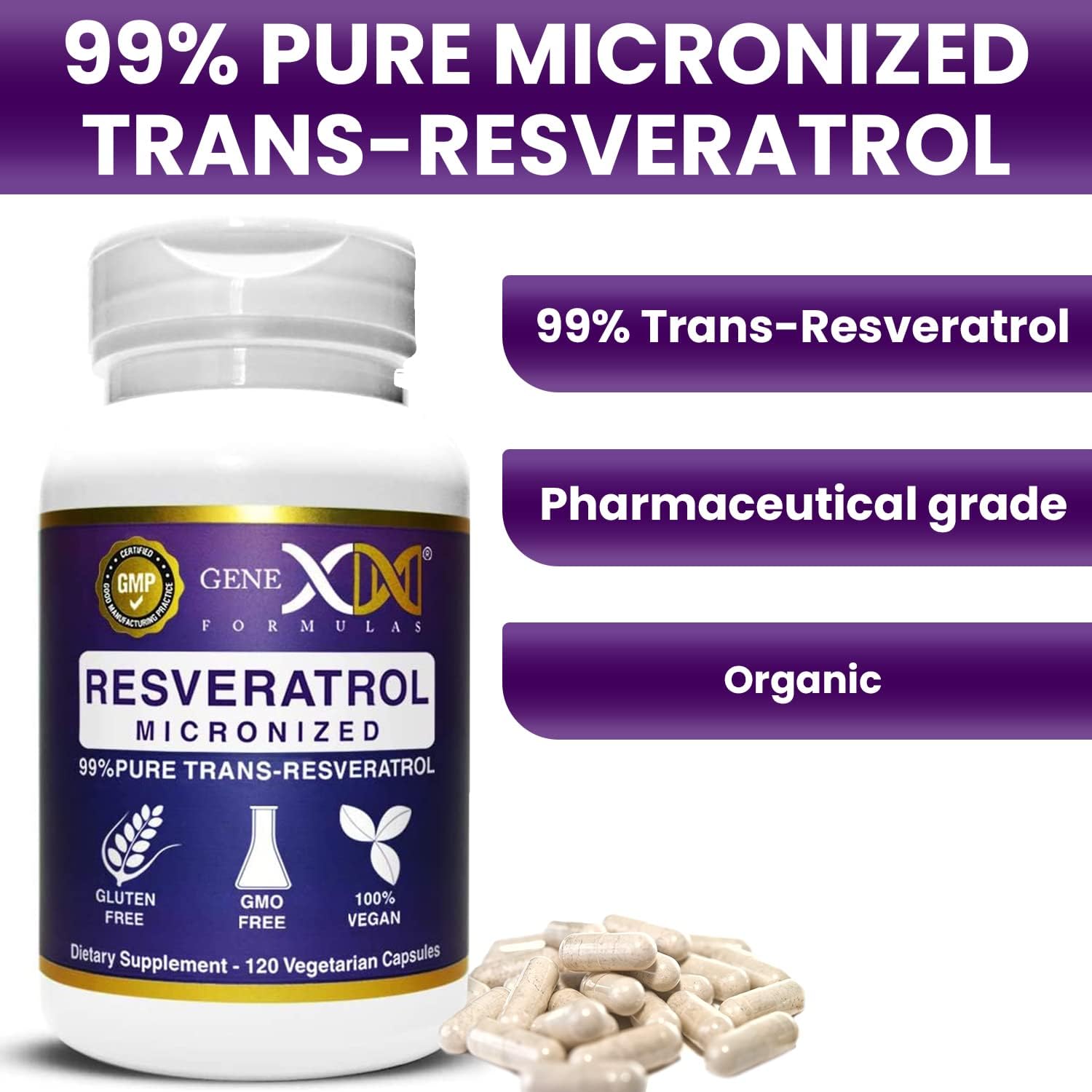 Genex Formulas Trans Resveratrol 1000mg Serving 99% Pure Micronized Pharmaceutical Grade Trans-Resveratrol + Bioperine Extract mad in a GMP & NSF Certified Facility (4X 250mg Cpasules 120ct)