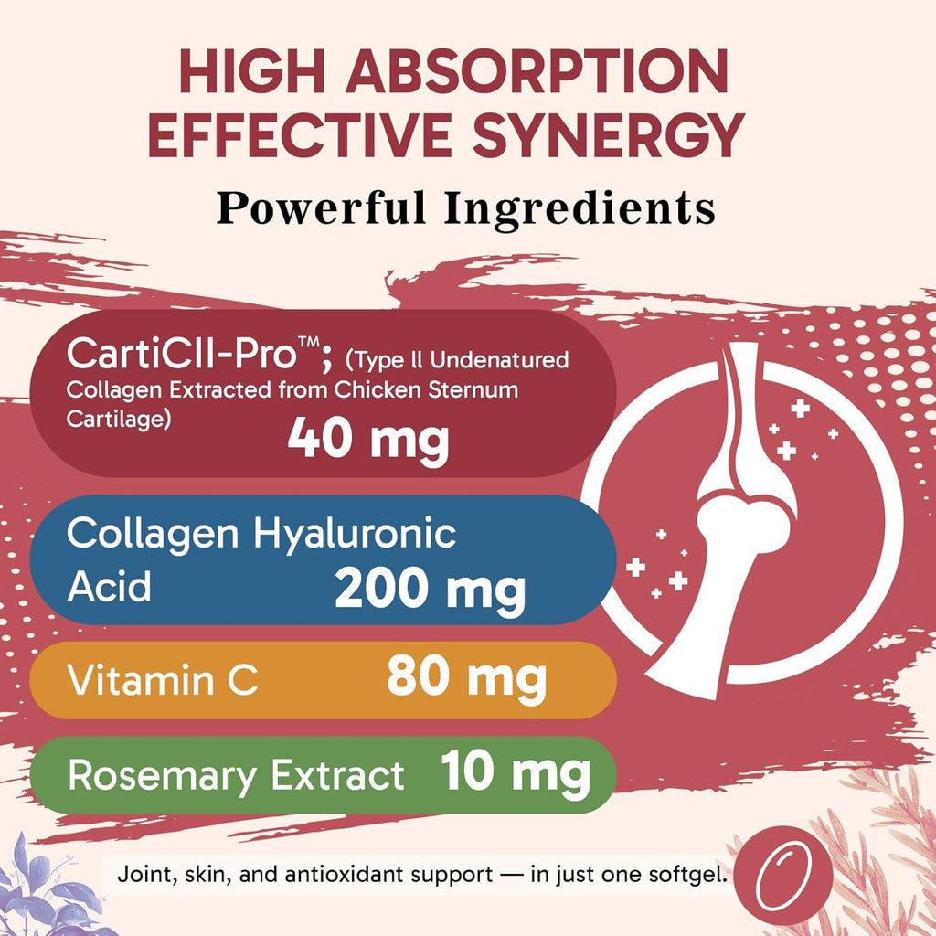 Liposomal Collagen Joint Support Supplement - Undenatured Type II Collagen for Men & Women with Hyaluronic Acid & Vitamin C for Joints Health & Mobility, 120 Softgels