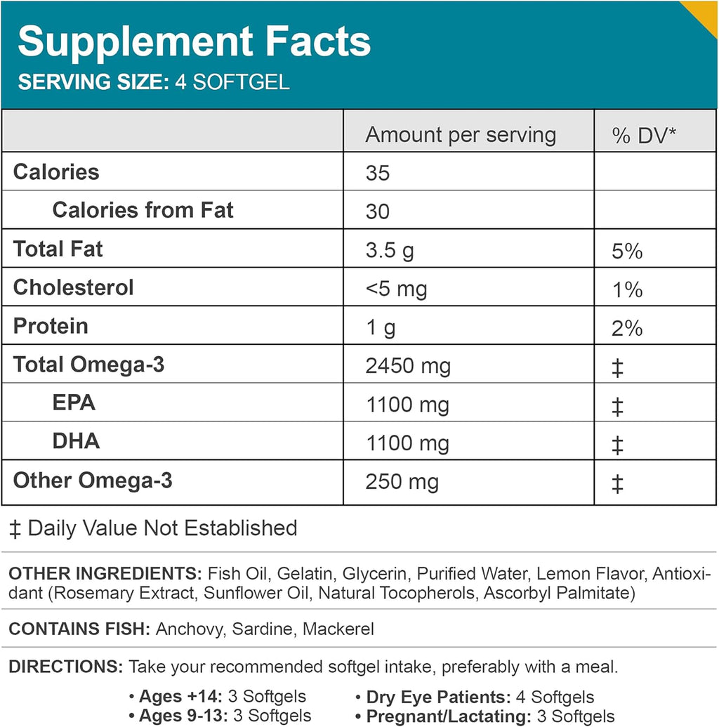 Macuhealth Omega 3 Fish Oil - 1100mg DHA, 1100mg EPA, Eye & Brain Health Supplement, Triglyceride Formula, 120 Softgels