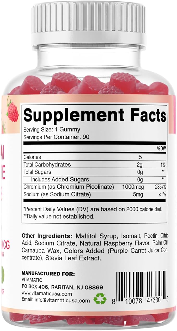 Vitamatic Chromium Picolinate 1000 mcg - 90 Gummies - High Potency Chromium - Raspberry Flavor