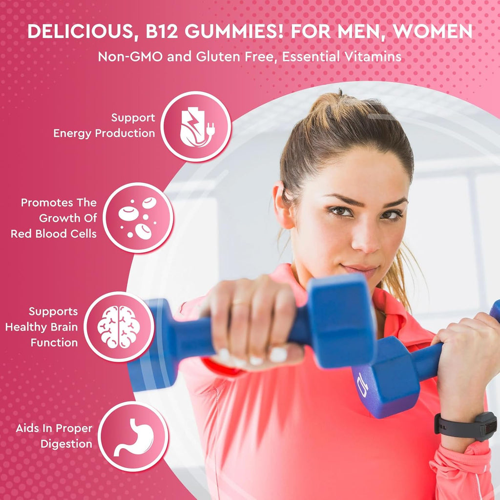 Vitamin B12 Complex Gummies - 5000 mcg Methylcobalamin with Iron, Vitamin C, D3 & Folate, Energy Support & Metabolism, Immune, B-12 Chewable Supplement for Men & Women, Strawberry Flavor, 2 Pack