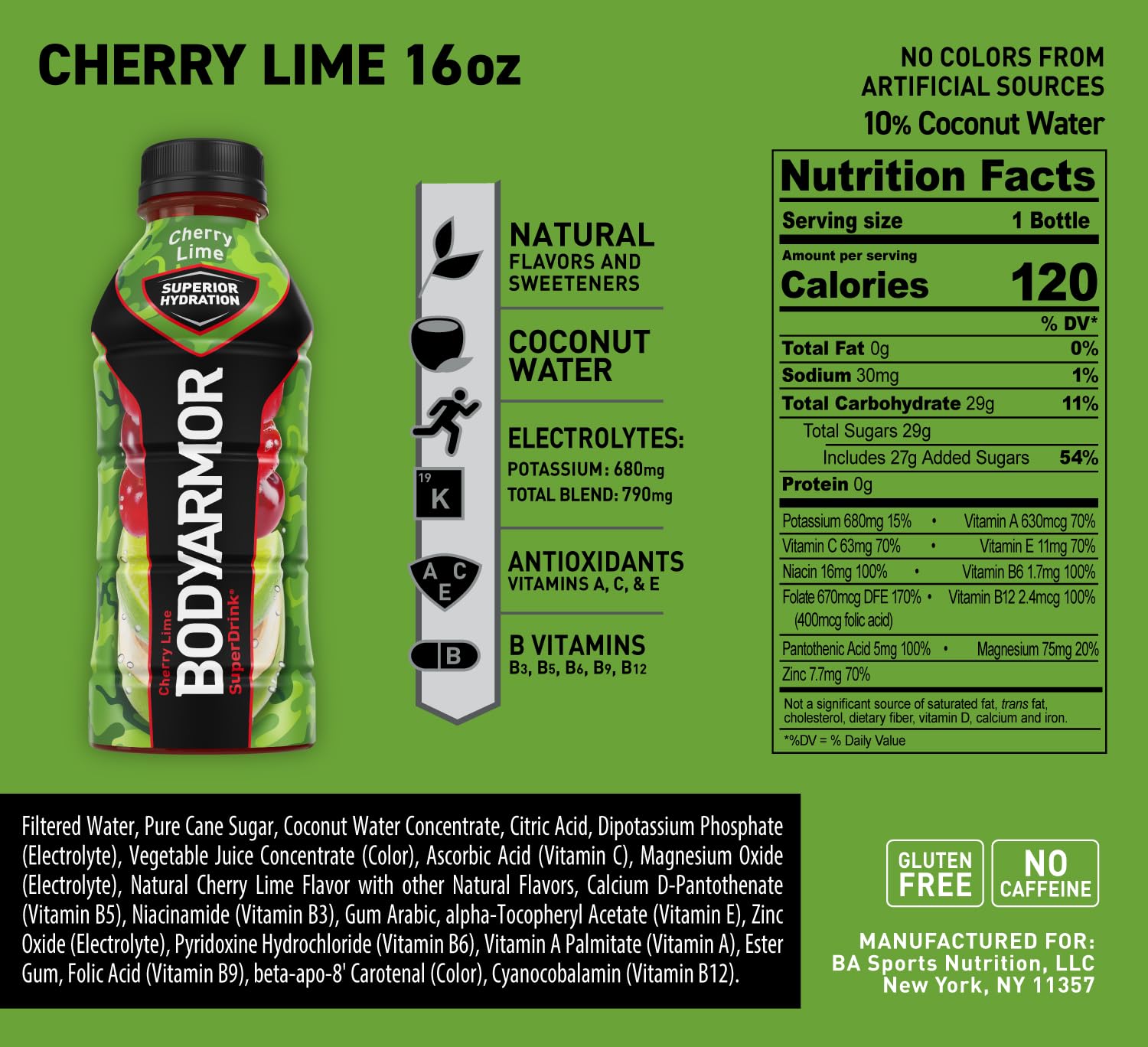 BODYARMOR Sports Drink Sports Beverage, Cherry Lime, Coconut Water Hydration, Natural Flavors With Vitamins, Potassium-Packed Electrolytes, Perfect For Athletes, 16 Fl Oz (Pack of 12)