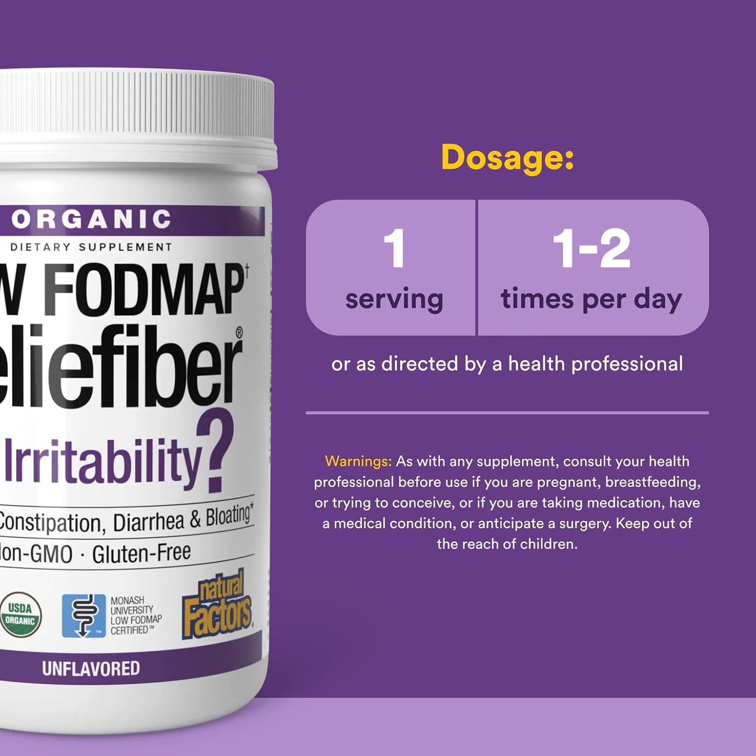 Natural Factors Organic Low FODMAP Reliefiber, Digestive Fiber Powder, Unflavored, 5.3 Oz