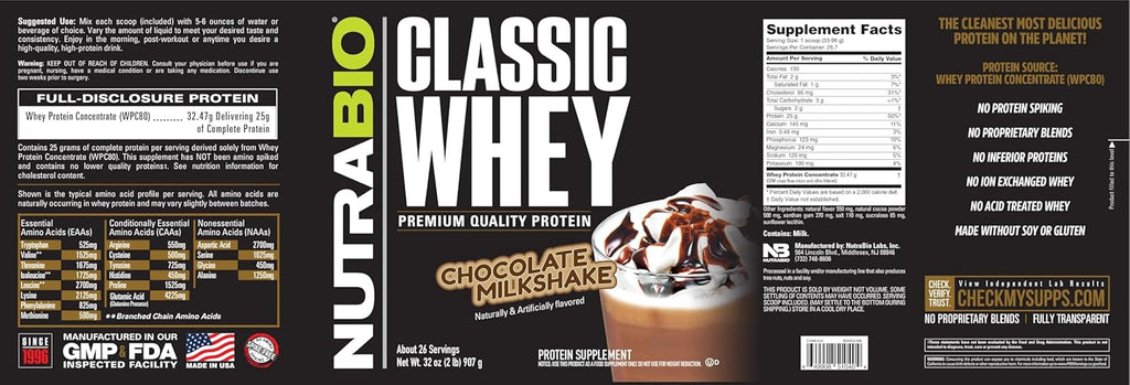 NutraBio Classic Whey Protein Powder- 25G of Protein Per Scoop - No Fillers, Artificial Colors, Preservatives - Chocolate Milkshake, 2 Pounds