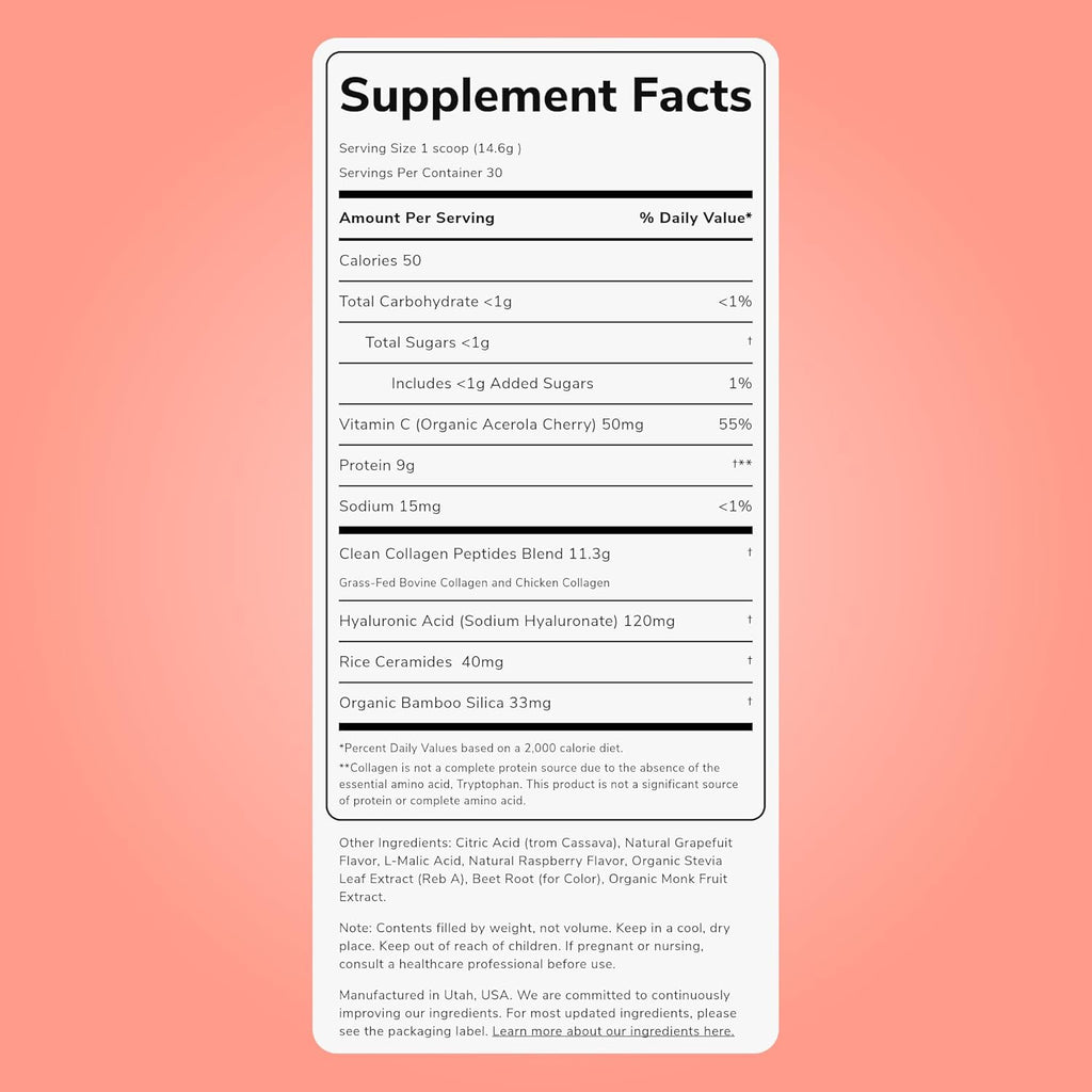 Clean Simple Eats Collagen Powder + Beauty Blend, Ruby Red Raspberry, Hydrolyzed Collagen Peptides from Grass Fed Bovine & Chicken, Hyaluronic Acid for Hair, Skin, Nail & Joint Support, 30 Servings