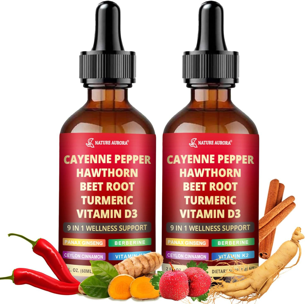 Cayenne Pepper Liquid Drops, 2pcs Cayenne Pepper Extract Drops Supplement Liquid with Hawthorn Berry, Ceylon Cinnamon and 5 More Herbals - Immune Support, Circulation & Overall Wellness
